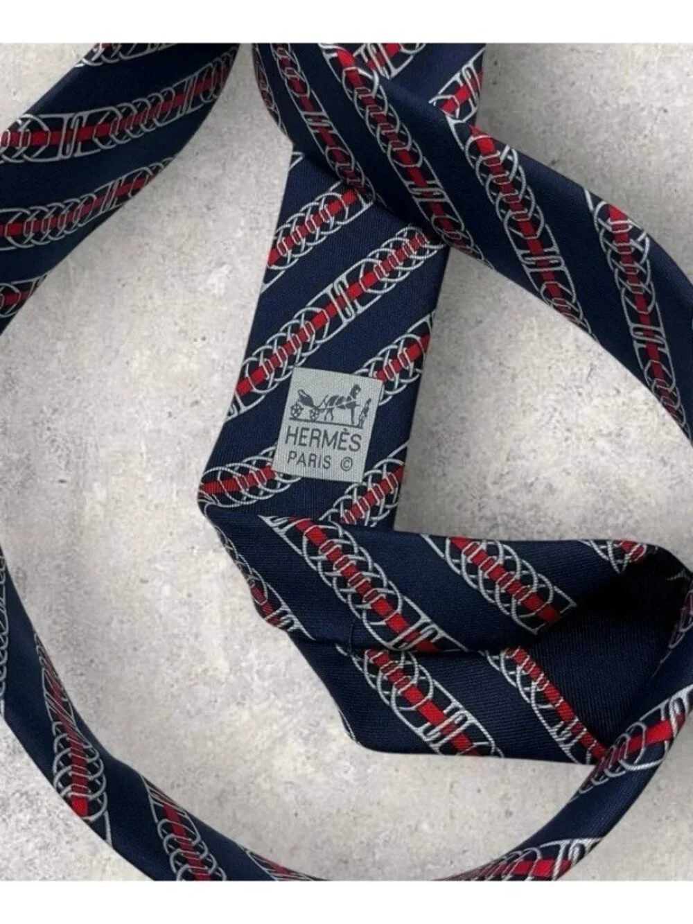 HERMÈS 5402 OA Silk Tie FRANCE Navy Red White Striped Chain W:3.7" EUC - Picture 4 of 6